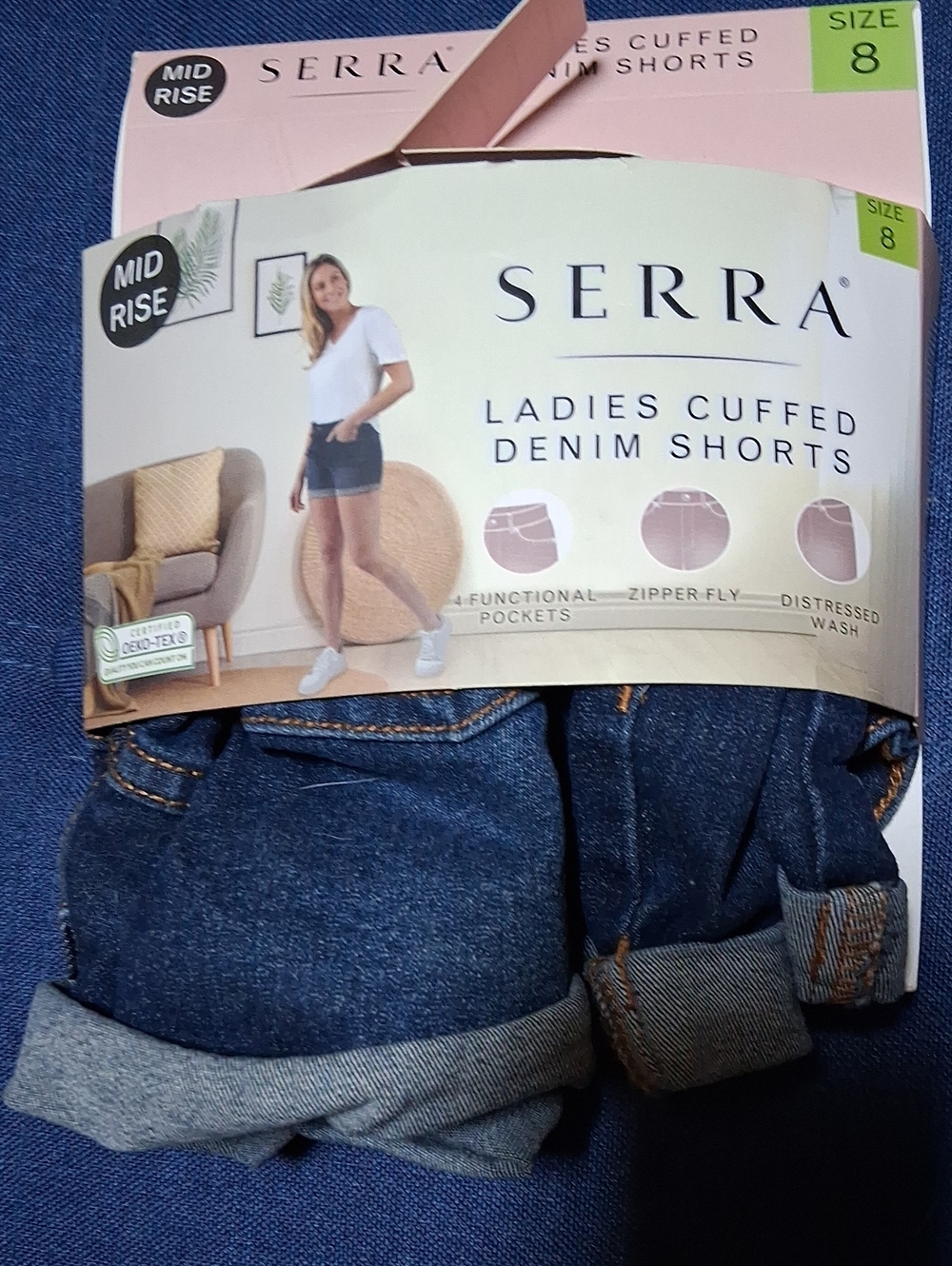 Serra Ladies Cuffed Denim Shorts - Dark Blue